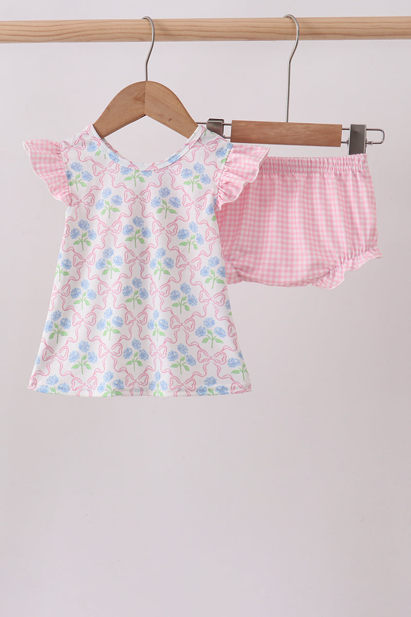 Pink hydrangea bow print ruffle bloomer set