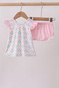 Pink hydrangea bow print ruffle bloomer set
