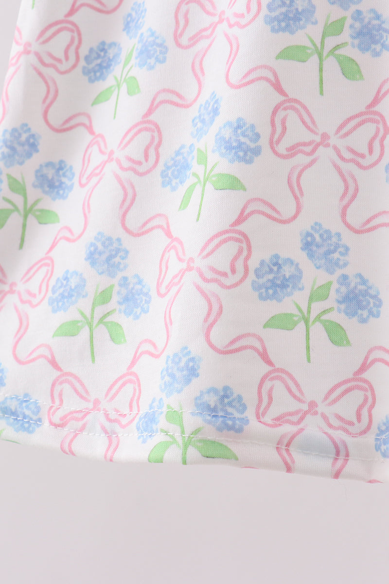 Pink hydrangea bow print ruffle bloomer set
