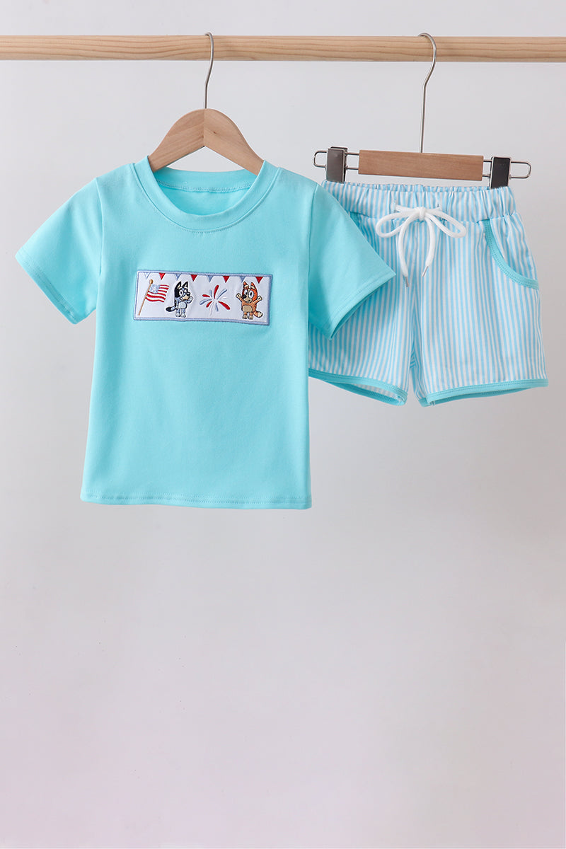 Blue character embroidery shorts set