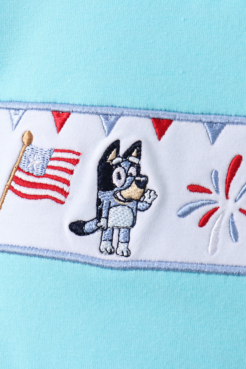 Blue character embroidery shorts set