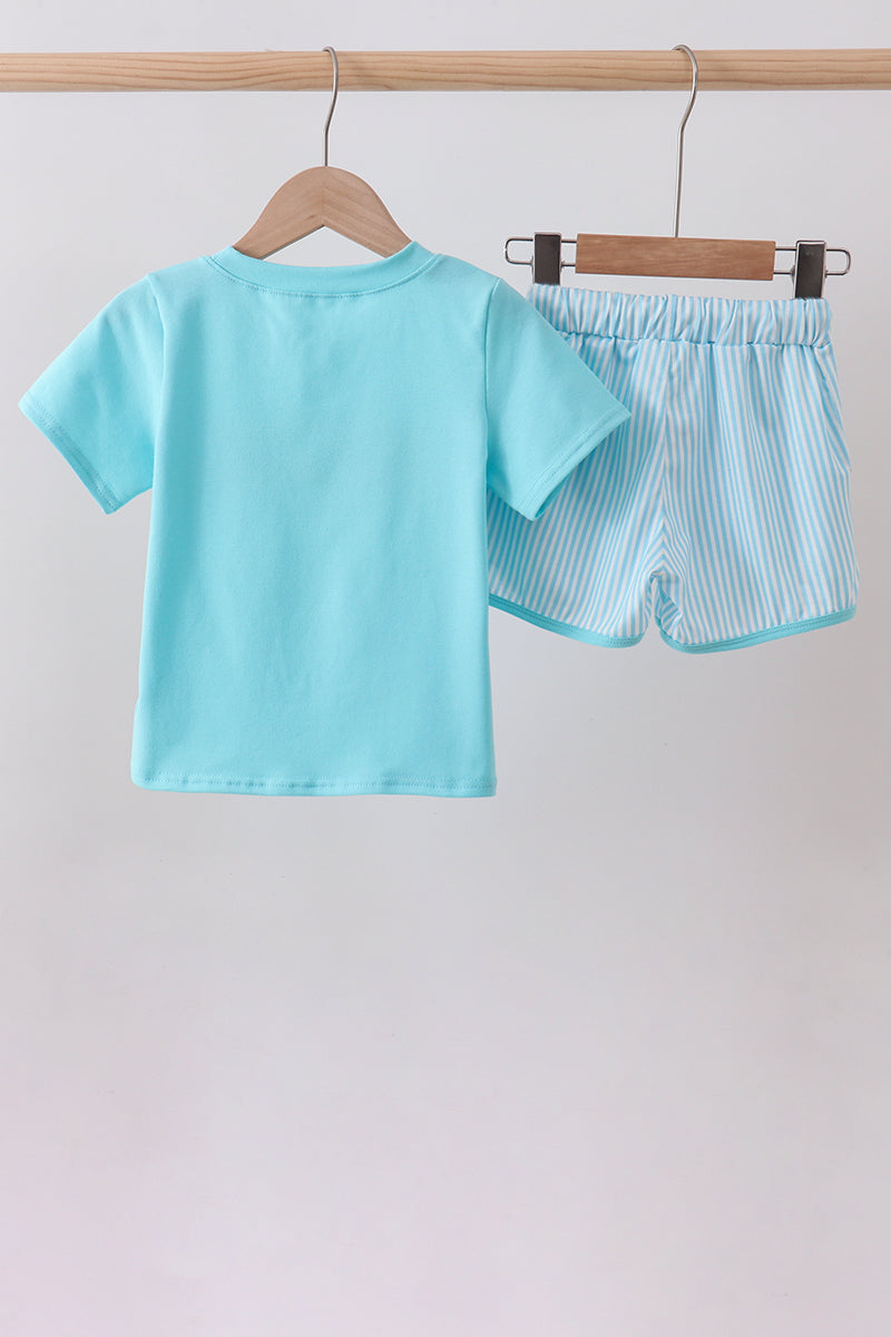 Blue character embroidery shorts set