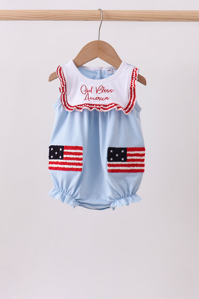 Blue god bless America flag french knot ruffle bubble