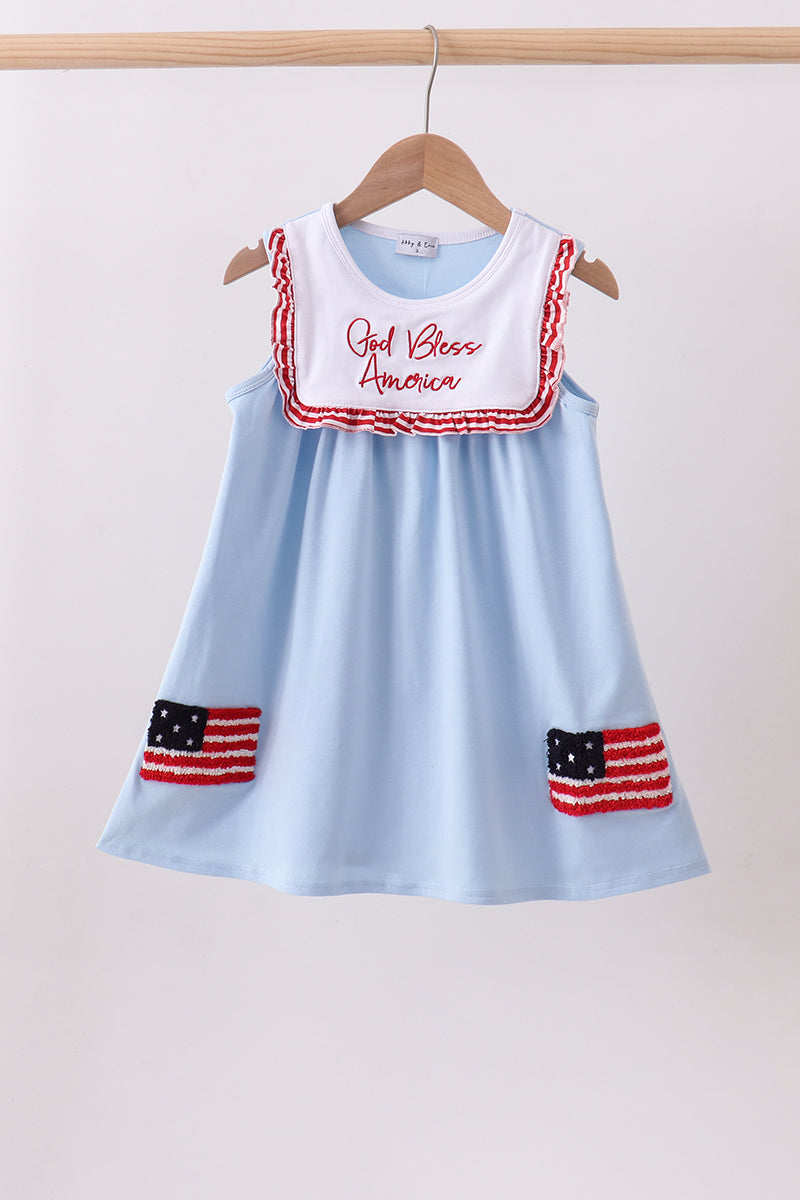 Blue god bless America flag french knot ruffle dress