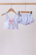 Blue bow embroidery seersucker ruffle 2pc swimsuit