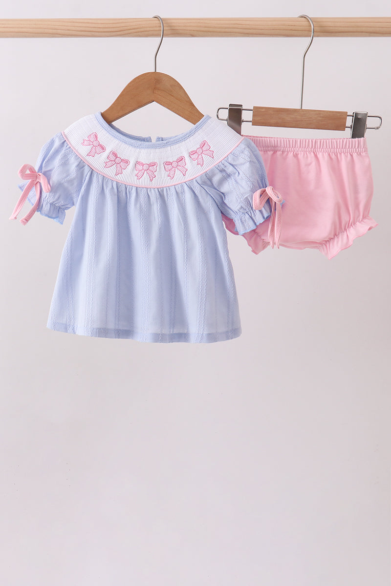 Blue bow smocked bloomer set