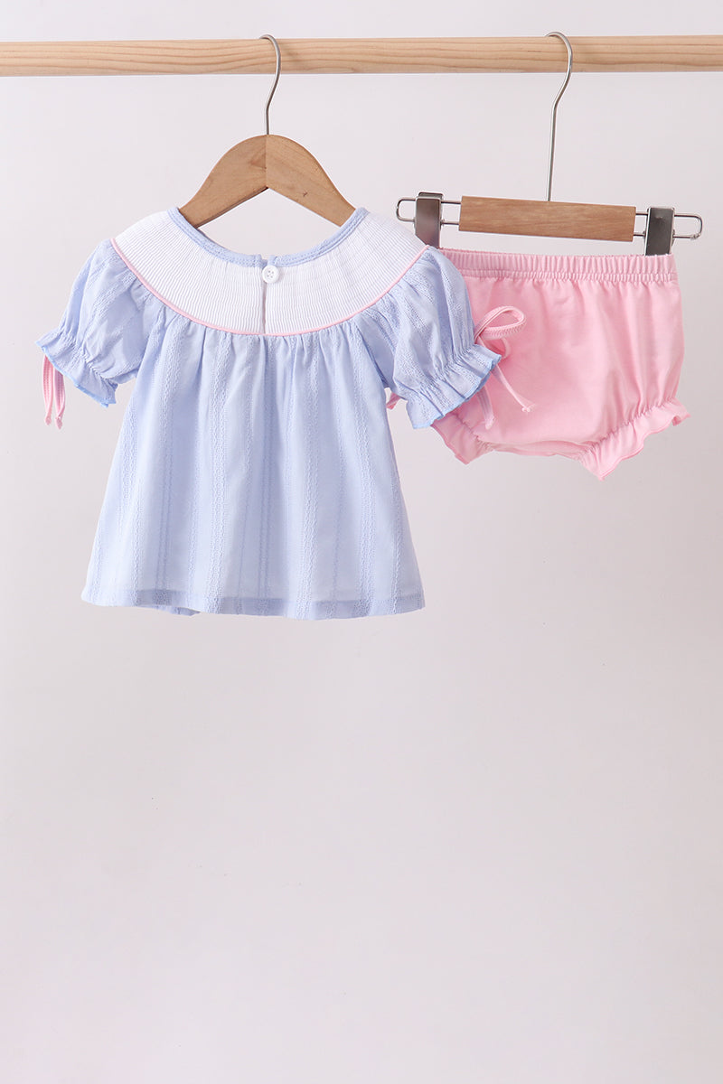 Blue bow smocked bloomer set