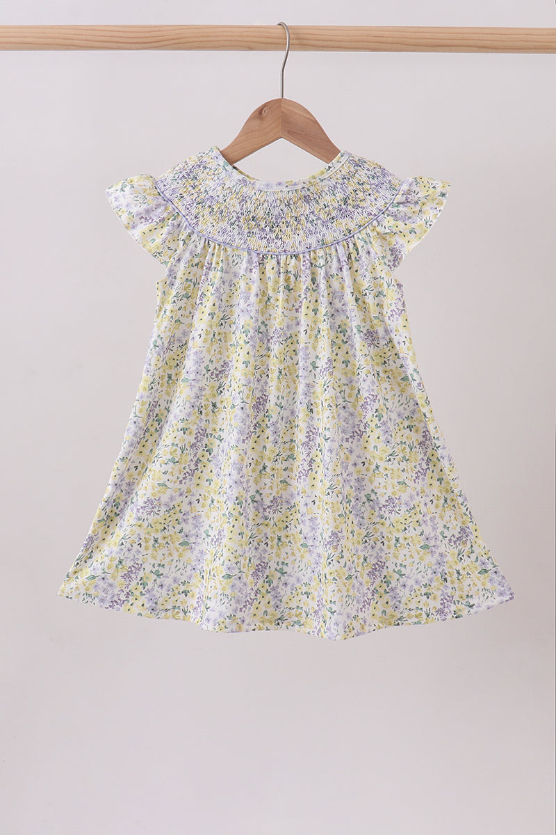 Golden meadow floral smocked ruffle dress