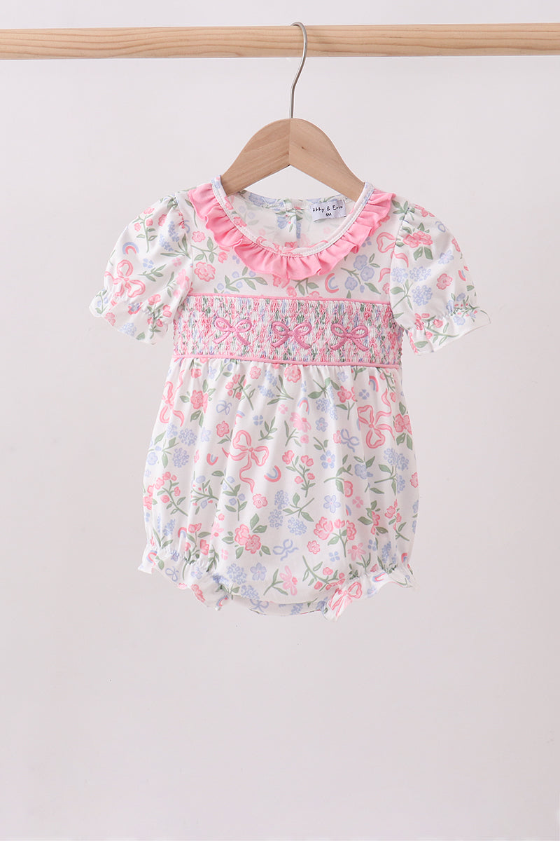 Pink floral bow smocked ruffle bubble