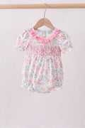 Pink floral bow smocked ruffle bubble