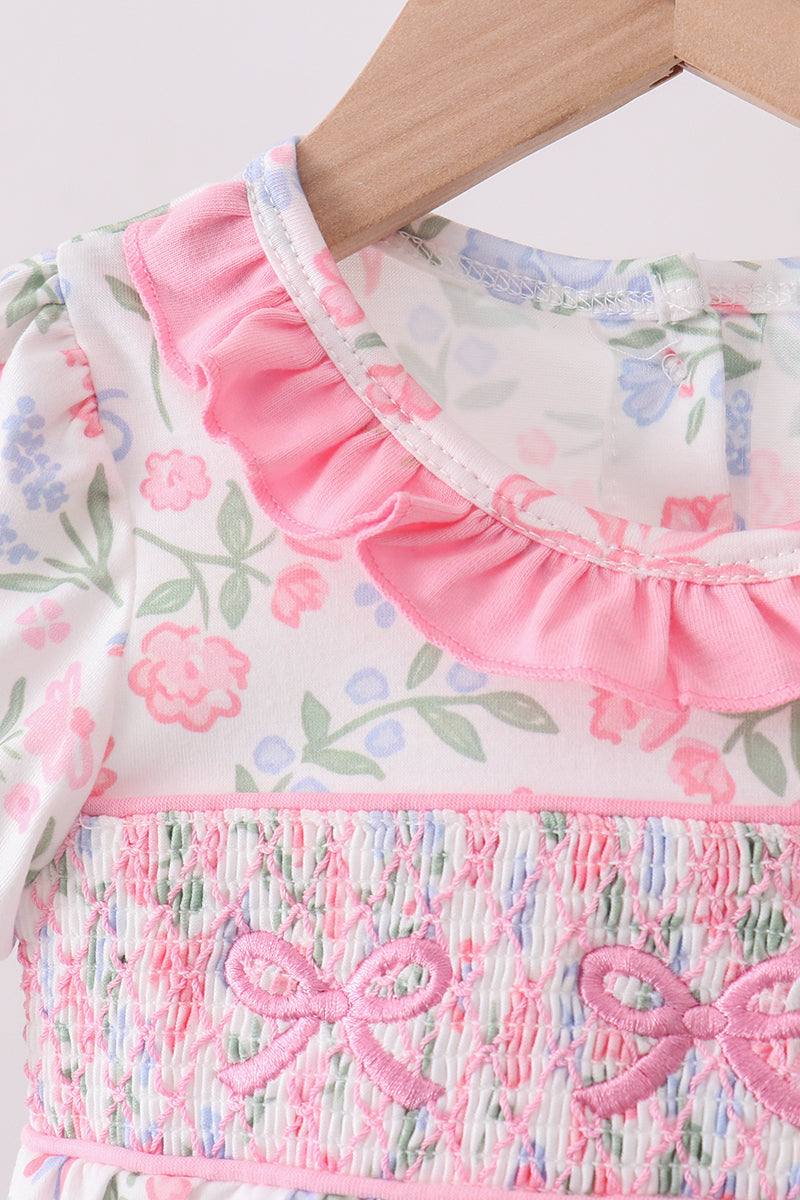 Pink floral bow smocked ruffle bubble