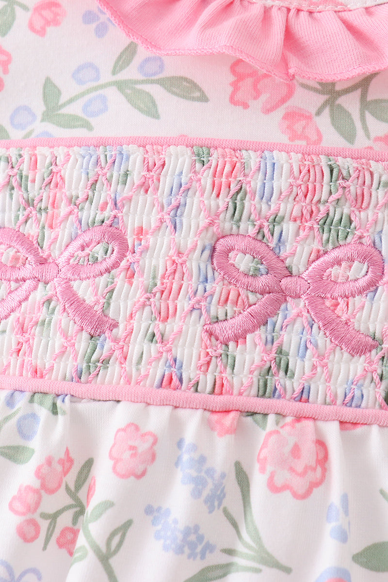 Pink floral bow smocked ruffle bubble