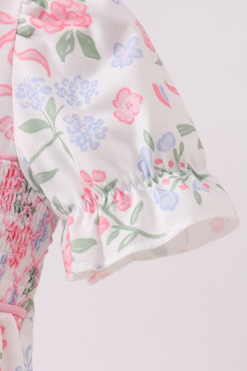 Pink floral bow smocked ruffle bubble