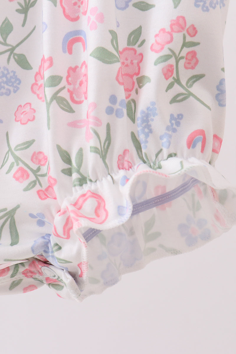 Pink floral bow smocked ruffle bubble