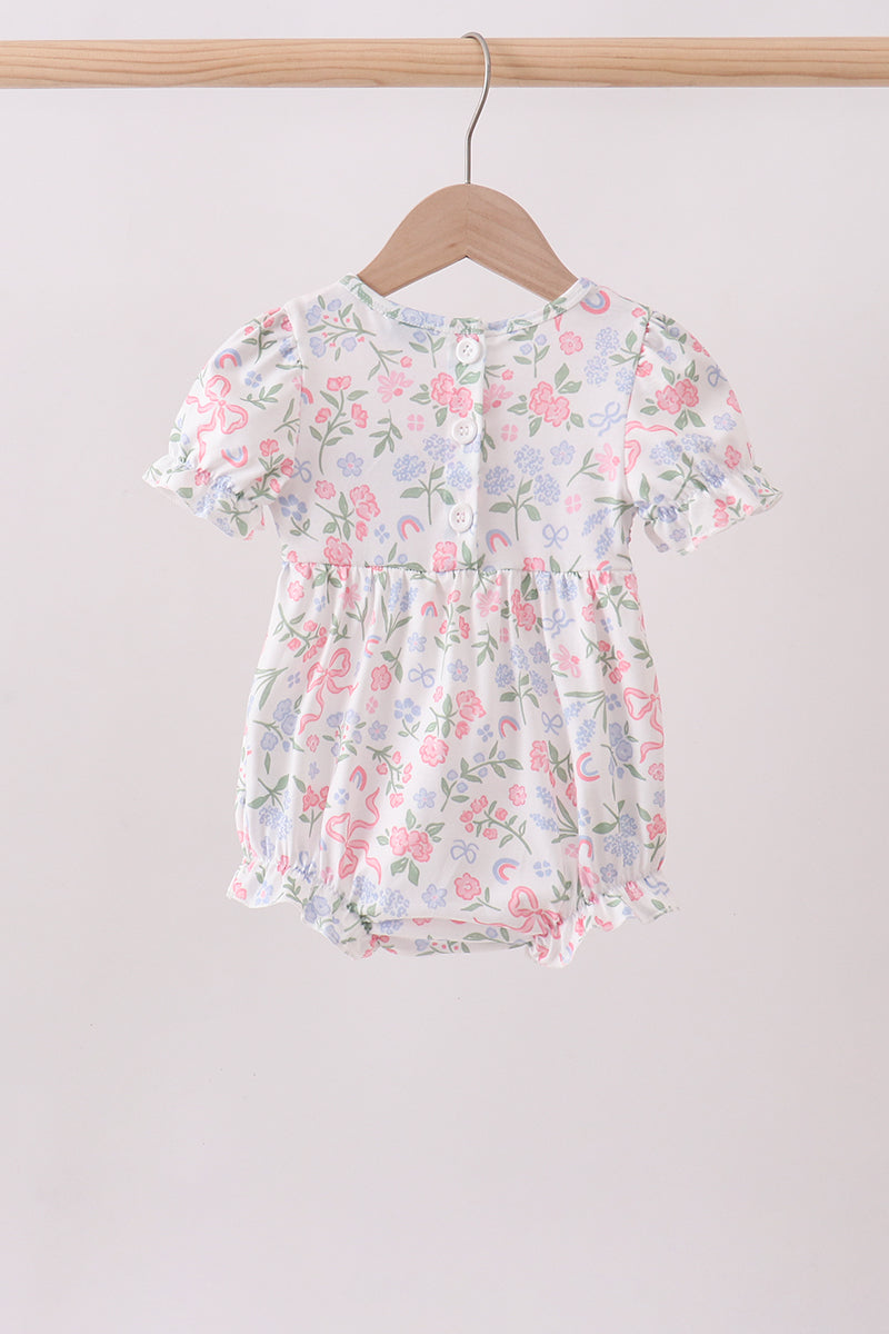 Pink floral bow smocked ruffle bubble