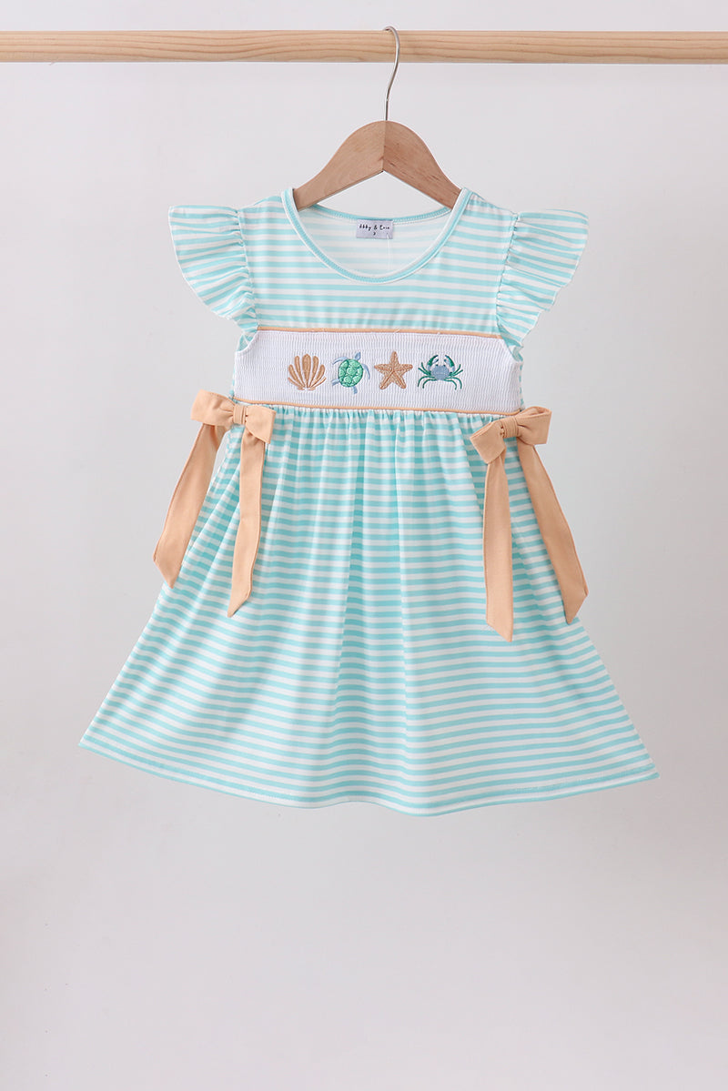 Mint marine creature smocked stripe ruffle dress