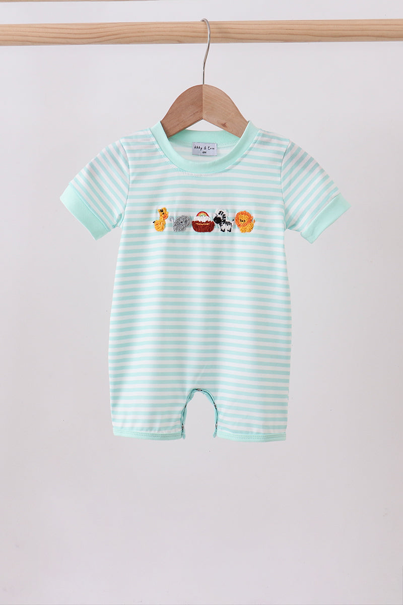 Green stripe Noah's Ark french knot romper