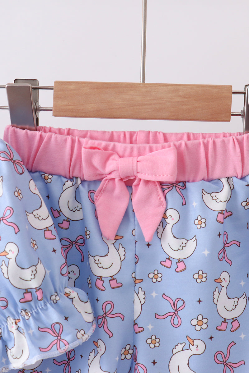 Purple duck print bow shorts set