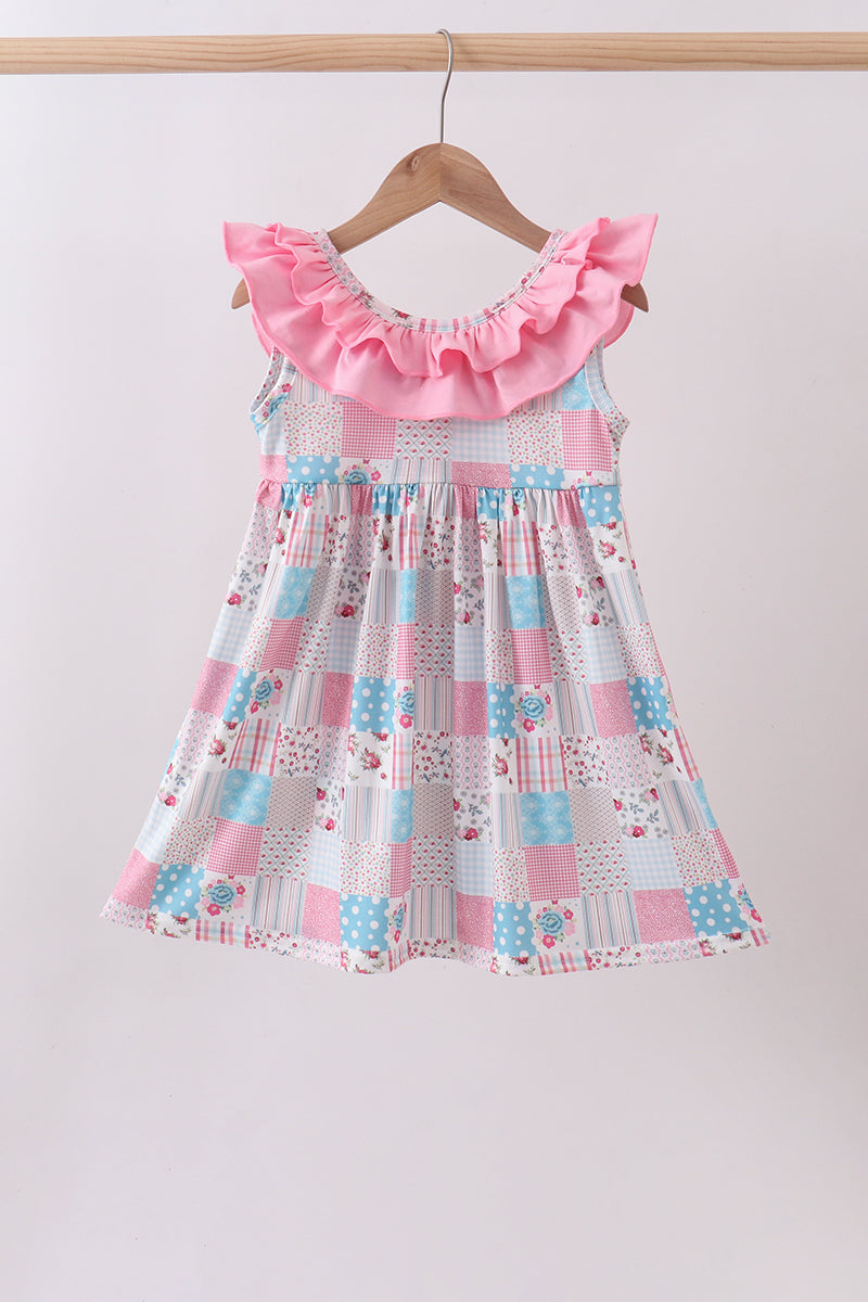 Pink patchwork floral ruffle dress