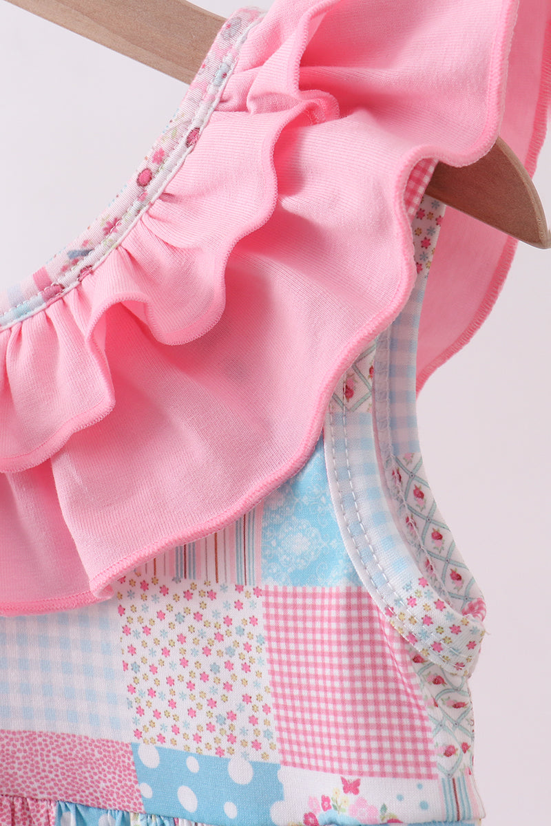 Pink patchwork floral ruffle dress
