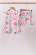 Pink floral patchwork scalloped ruffle shorts set