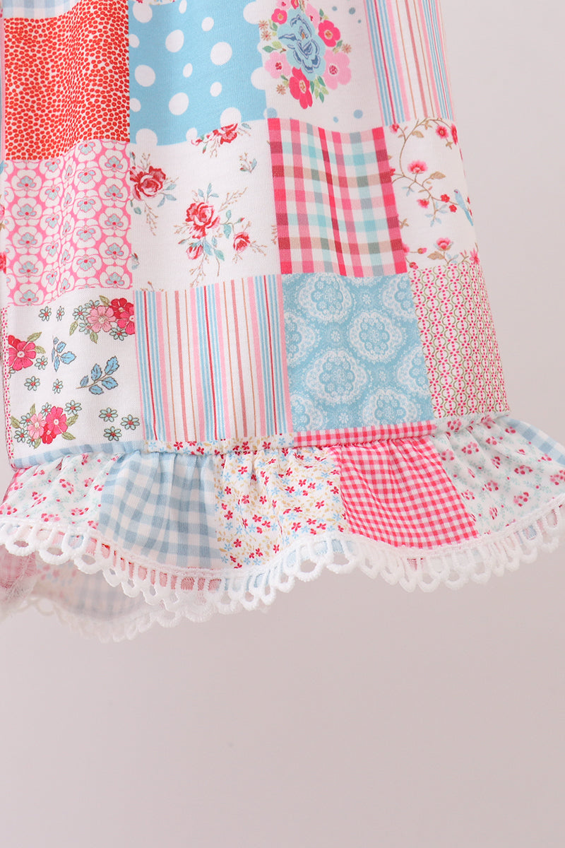 Pink floral patchwork scalloped ruffle shorts set
