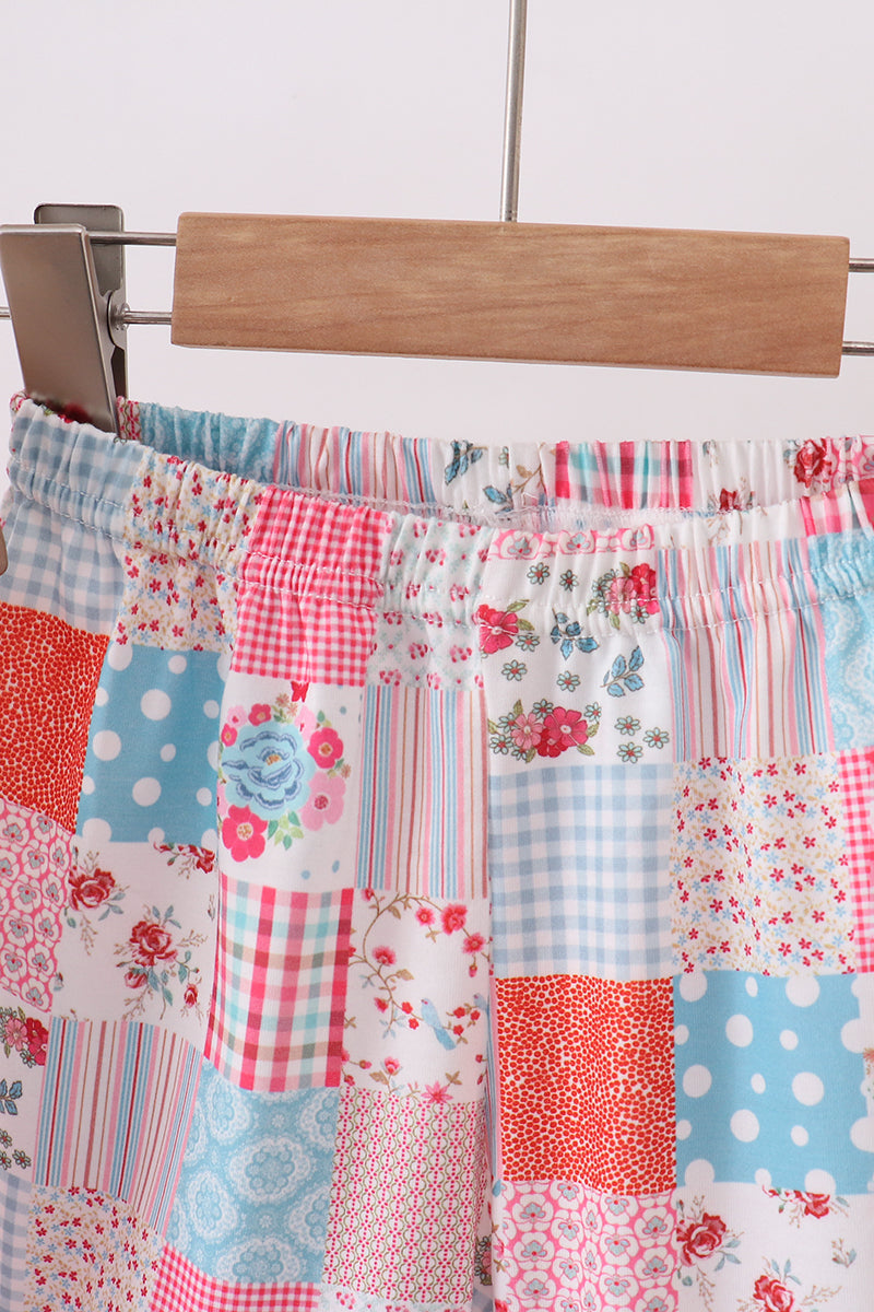 Pink floral patchwork scalloped ruffle shorts set