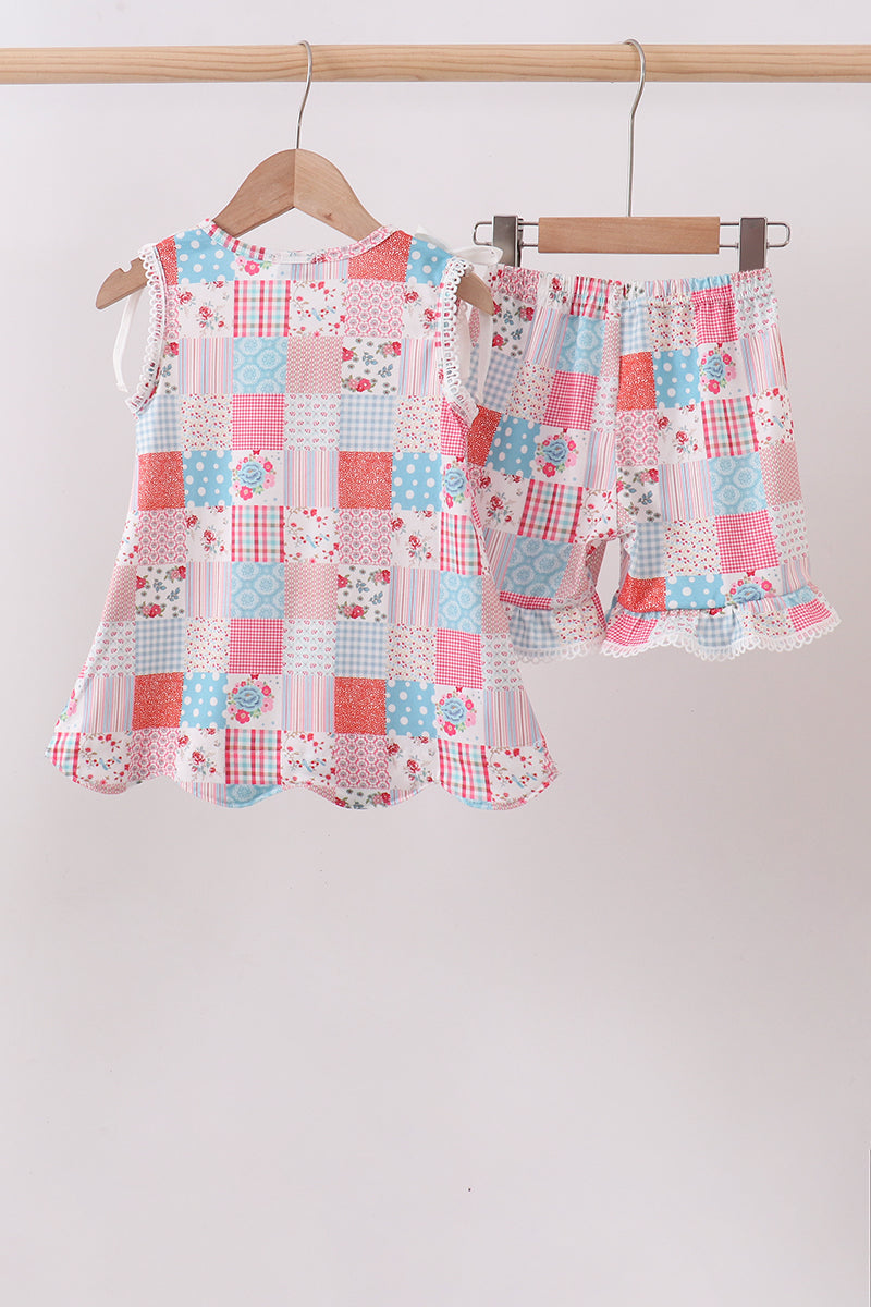Pink floral patchwork scalloped ruffle shorts set