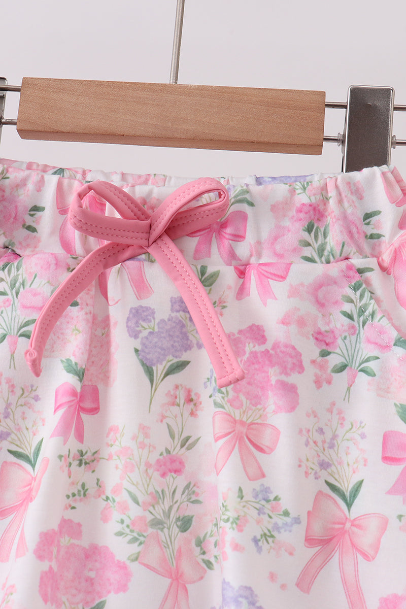 Pink floral bow skorts set