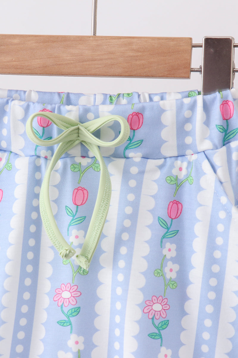 Green&purple floral bow skorts set