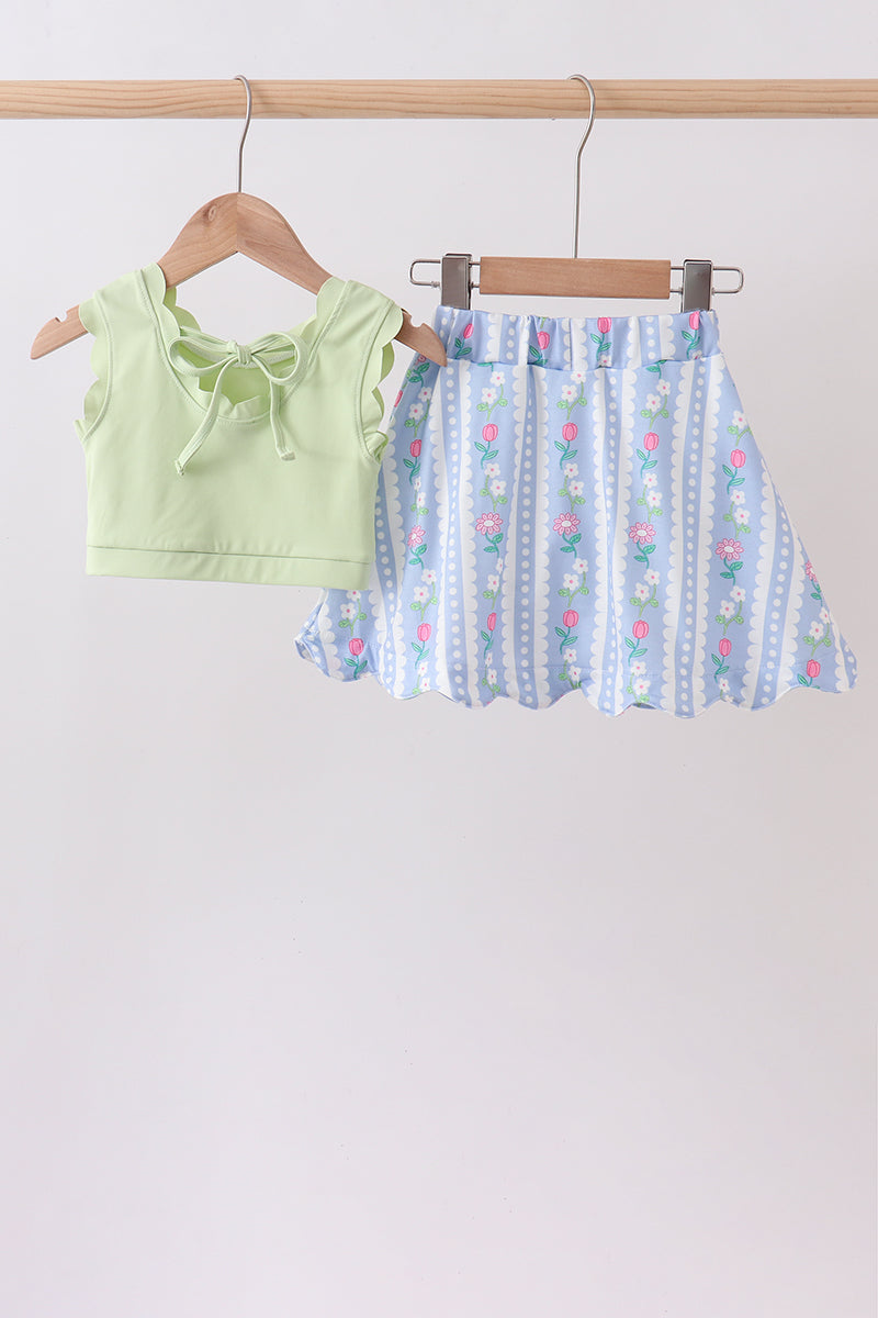 Green&purple floral bow skorts set
