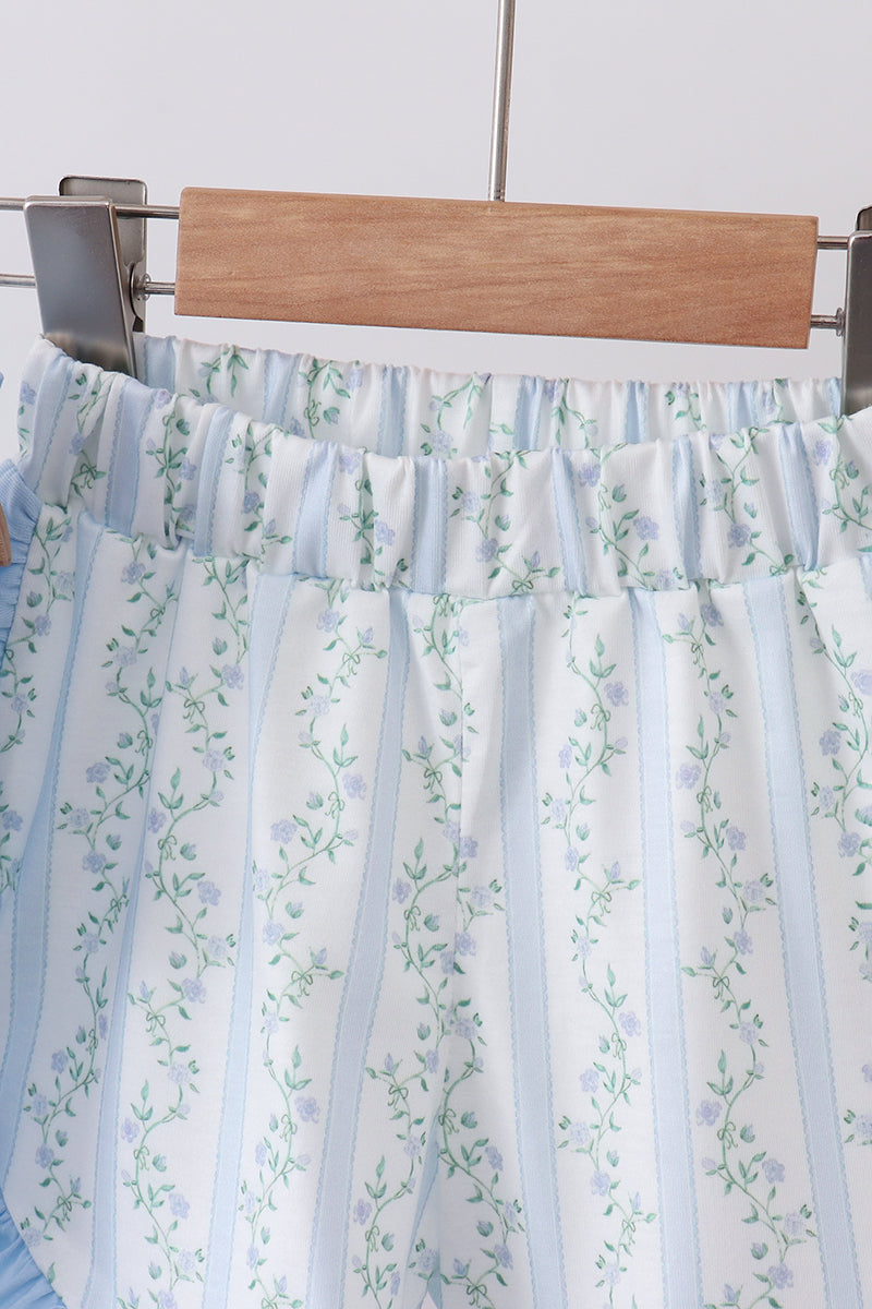 Blue character applique ruffle shorts set