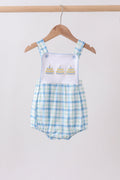 Blue birthday cake smocked plaid bubble