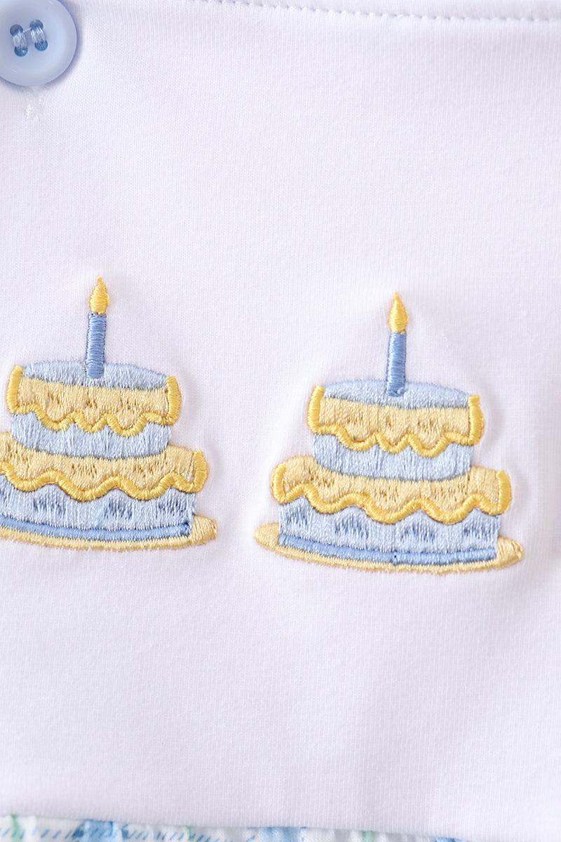 Blue birthday cake smocked plaid bubble