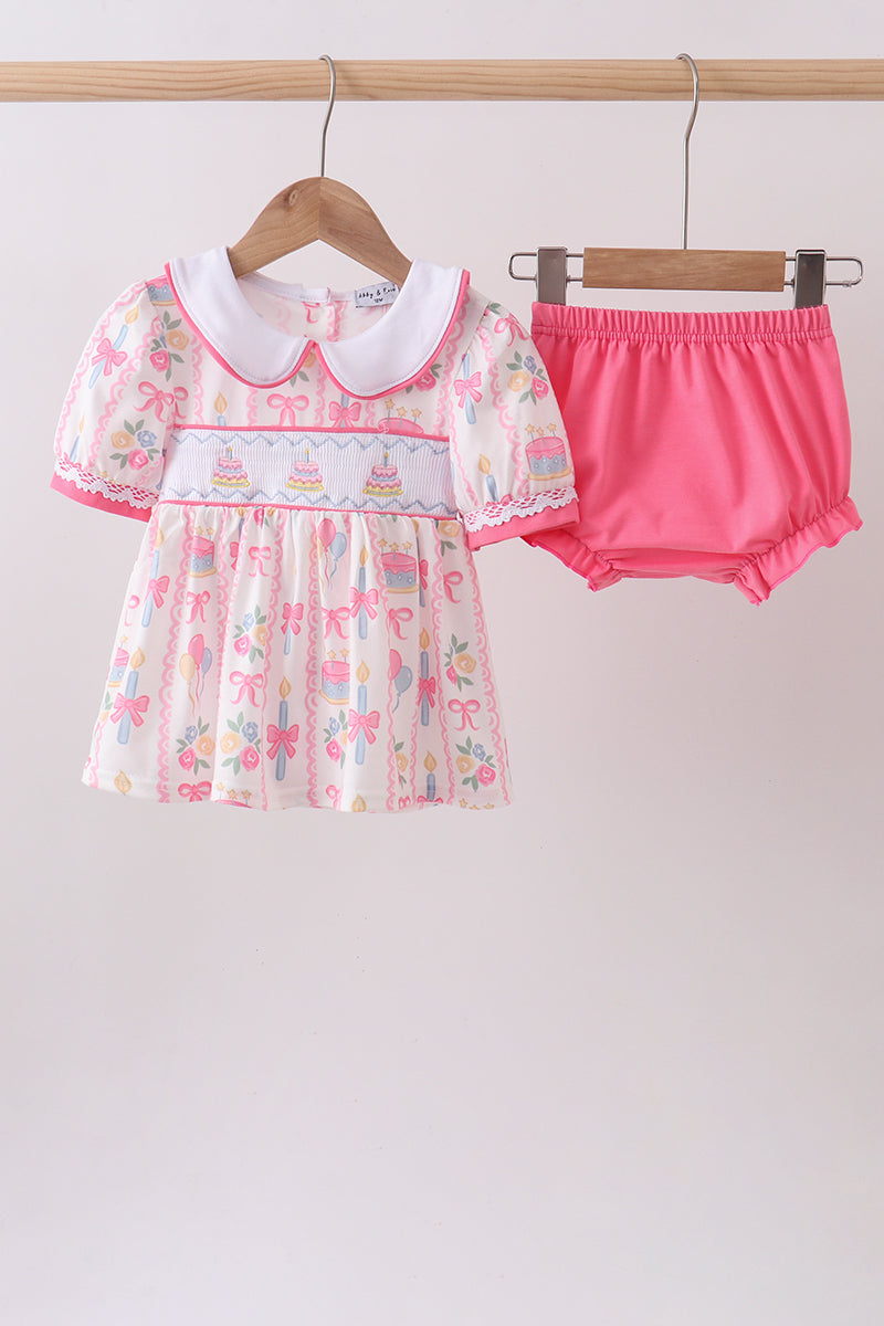 Pink birthday cake smocked bloomer set