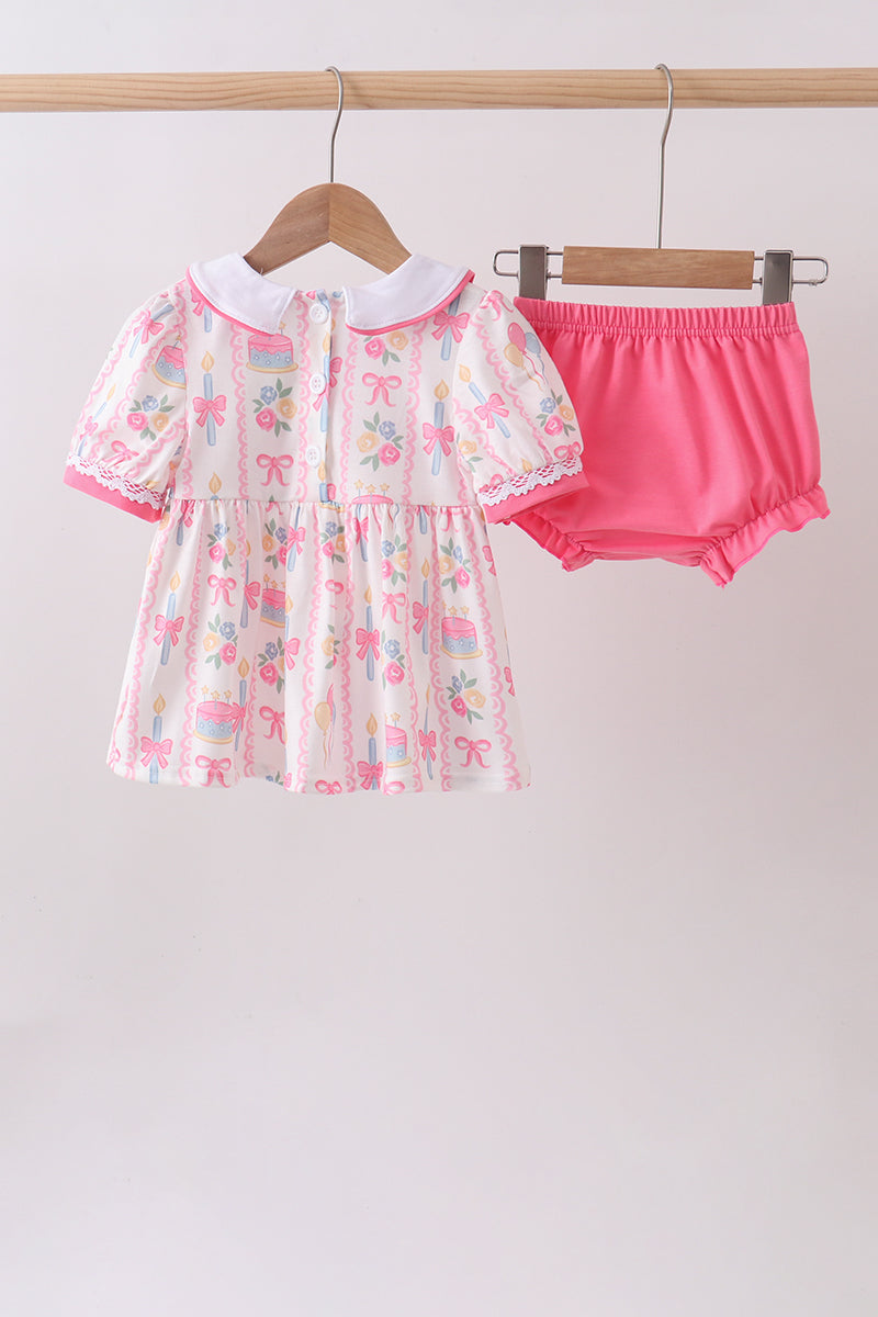 Pink birthday cake smocked bloomer set