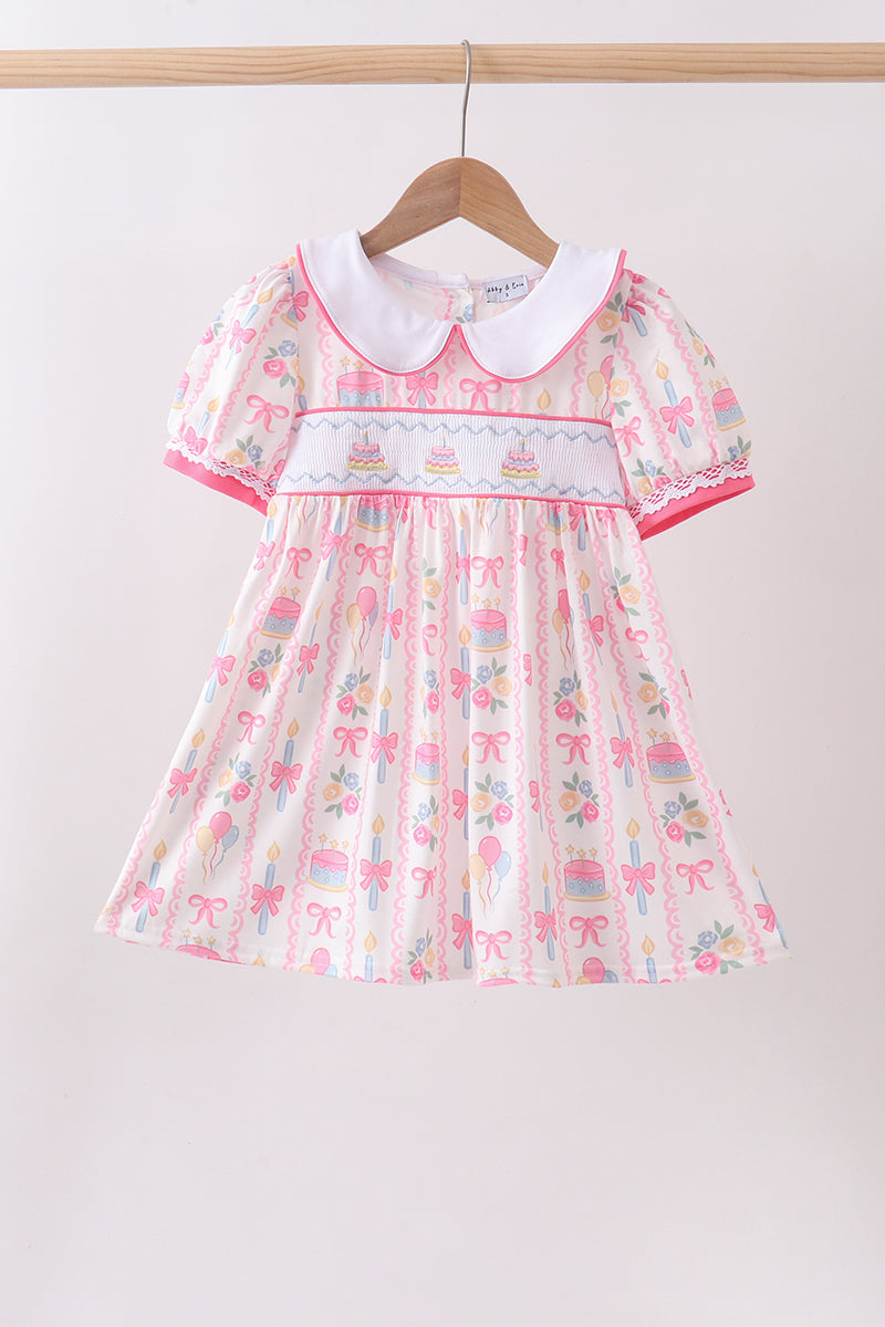 Pink birthday cake smocked dress