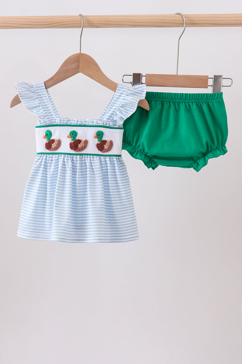 Blue stripe duck french knot ruffle bloomer set