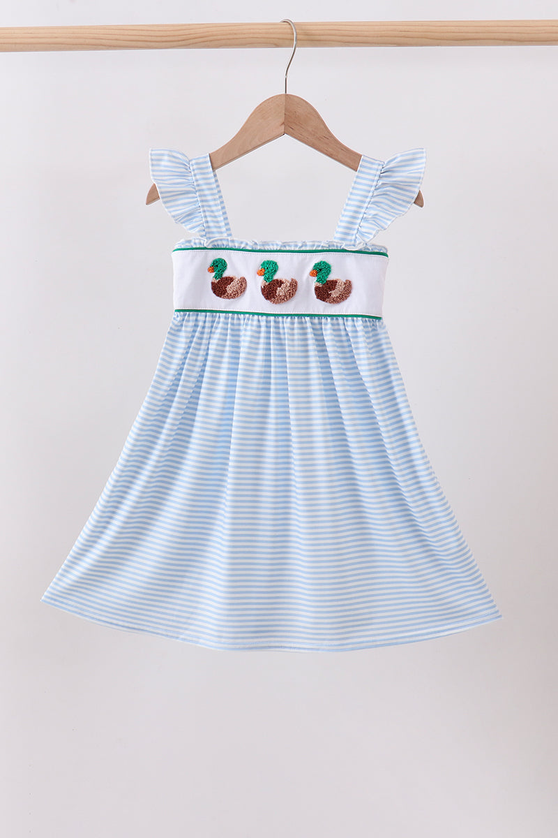 Blue stripe duck french knot ruffle dress