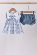 Blue strawberry bow embroidery bloomer set