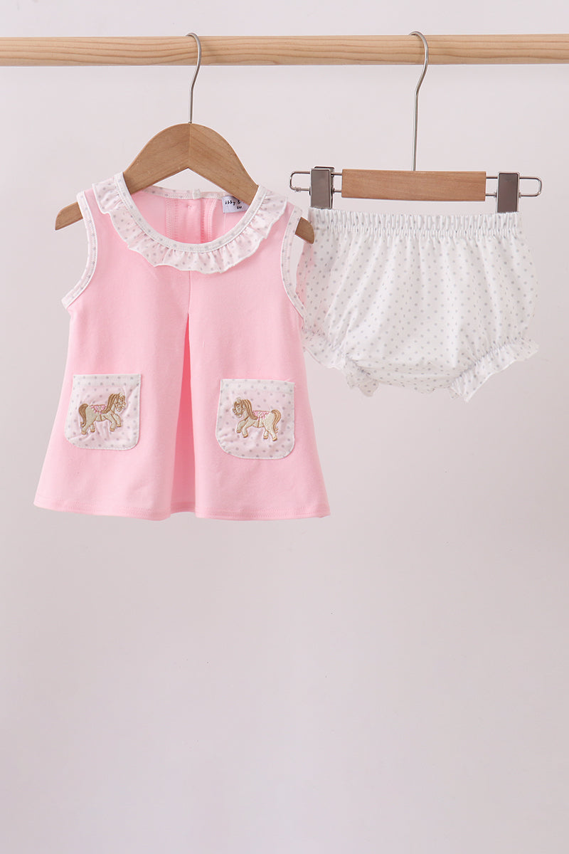 Pink carousel embroidery ruffle bloomer set