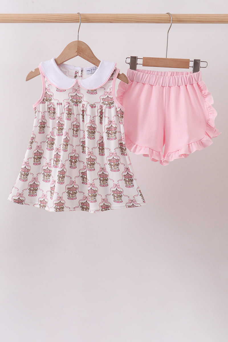 Pink carousel print ruffle shorts set