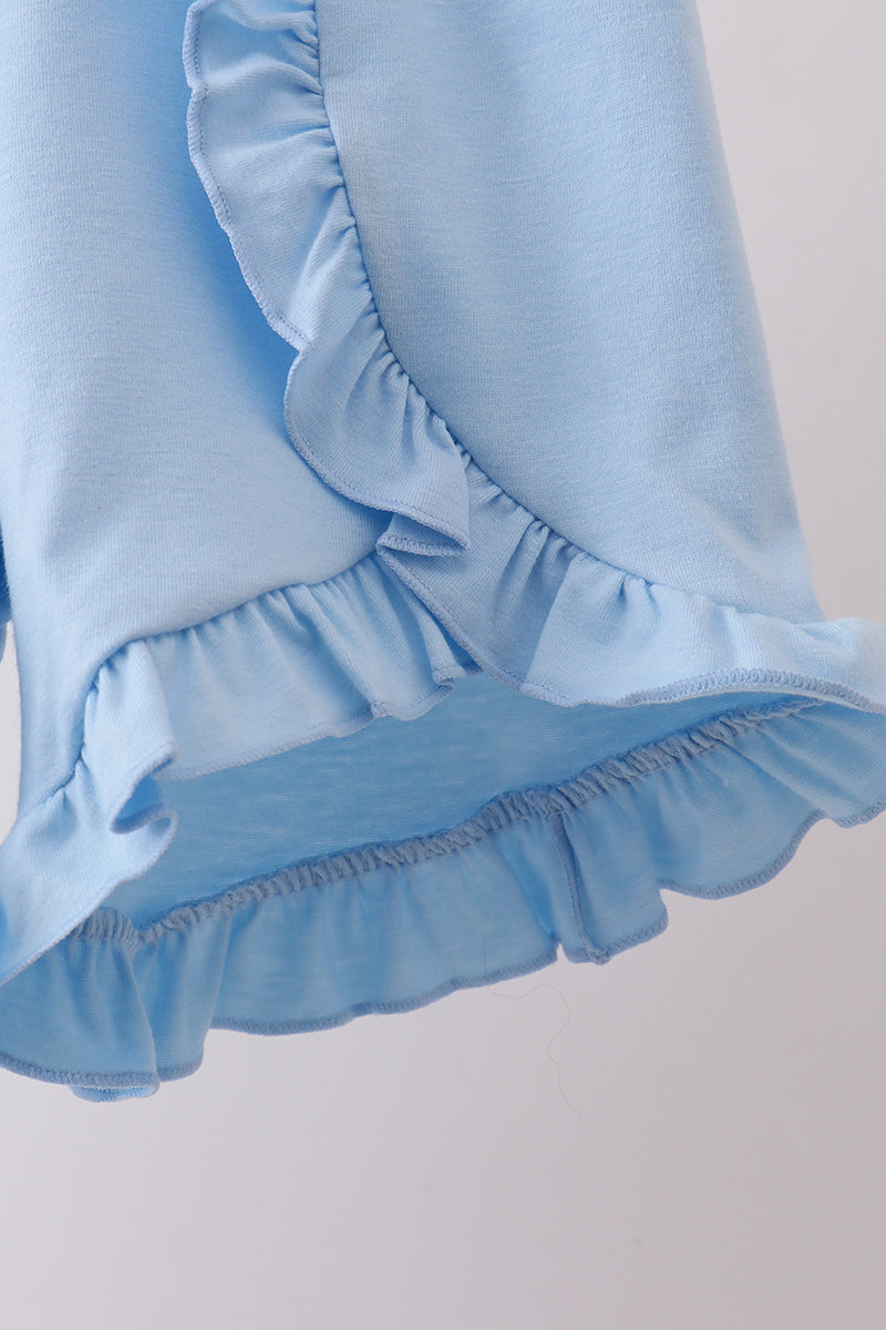 Blue bow ribbon print ruffle shorts set