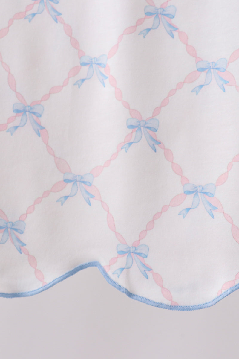 Blue bow ribbon print ruffle shorts set