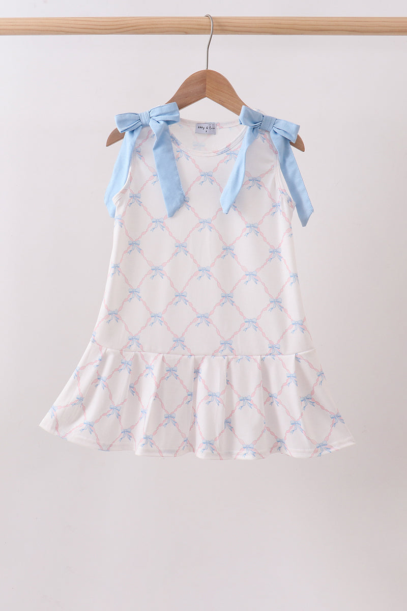 Blue bow ribbon print dress