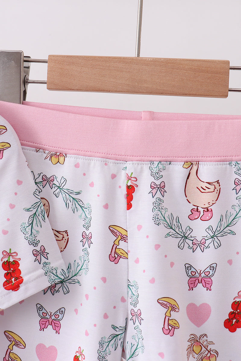 Pink goose strawberry bow bamboo pajama set
