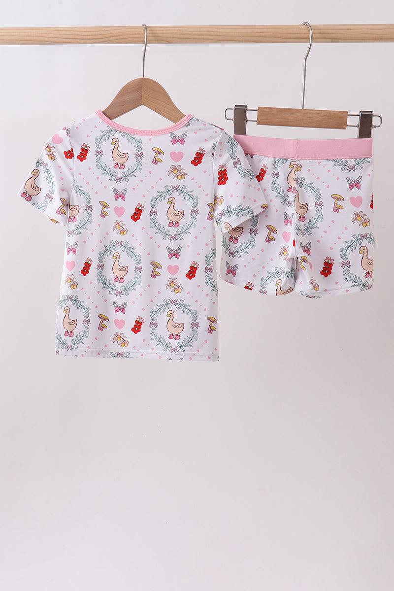 Pink goose strawberry bow bamboo pajama set