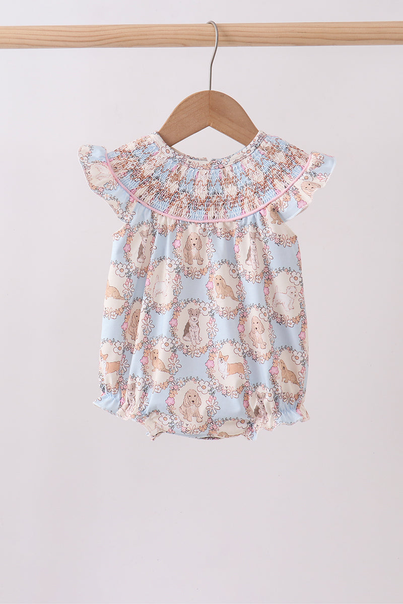 Pink puppy floral smocked ruffle bubble