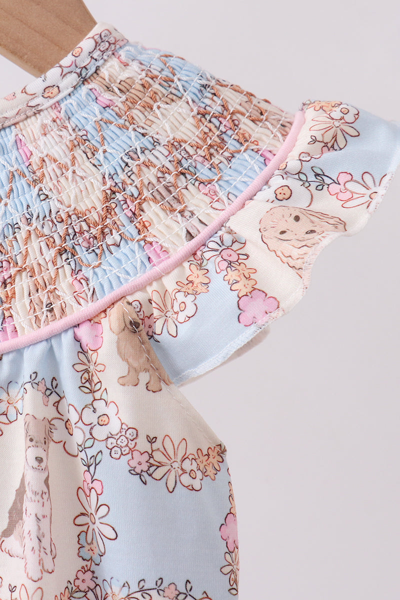 Pink puppy floral smocked ruffle bubble