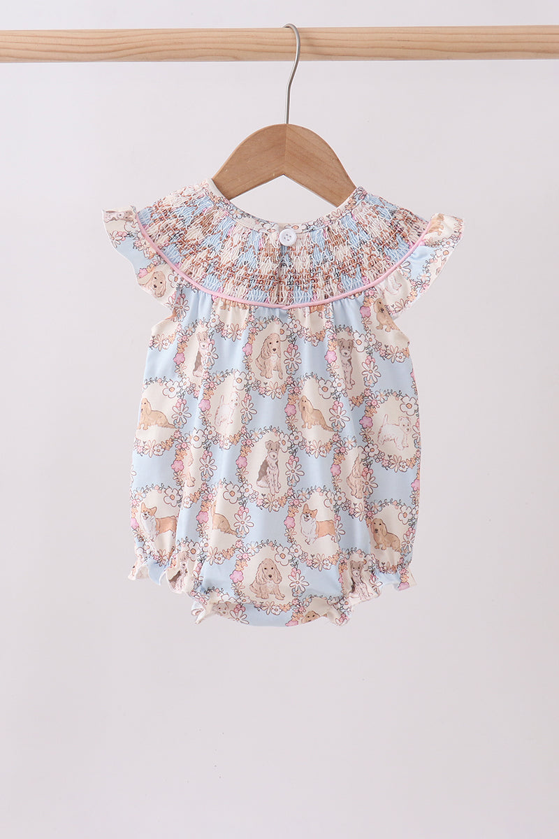 Pink puppy floral smocked ruffle bubble